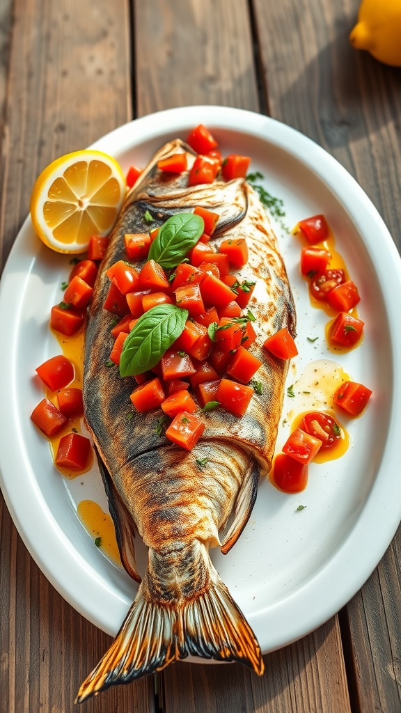 Grilled branzino with tomato salsa on a white platter, garnished with basil and lemon.